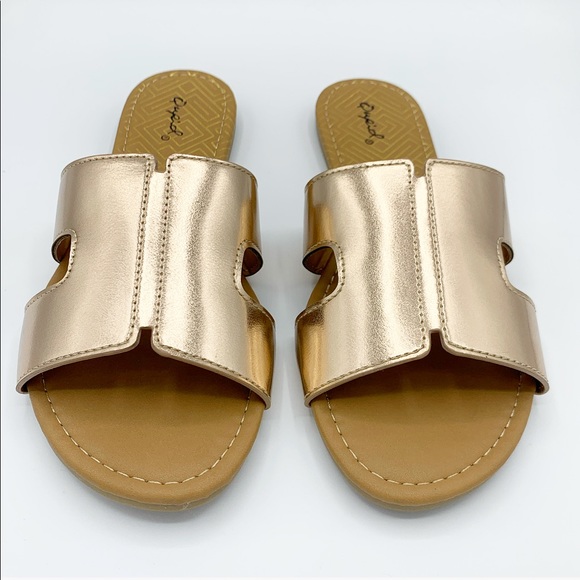 Rose Gold Metallic H Strap Slide Sandals Flat Slip On Summer Shoes - Picture 2 of 8